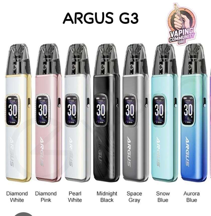 ARGUS G3 vaping device in various colors with 'Vaping Commander' logo.