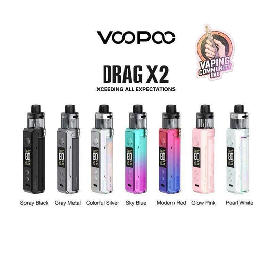 Voopoo Drag X2 vaping device in various colors with brand logo and community sticker.