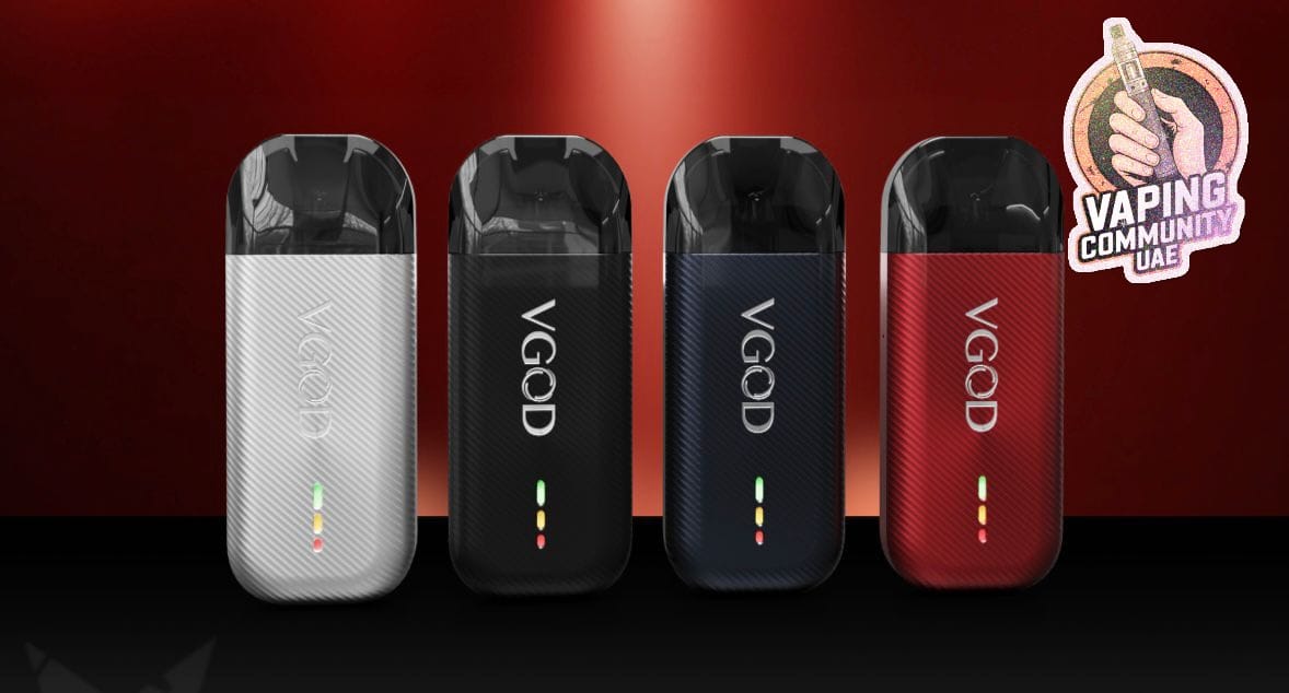 Four VGOD vaping devices in different colors on a red background with a 'Vaping Community UAE' logo.