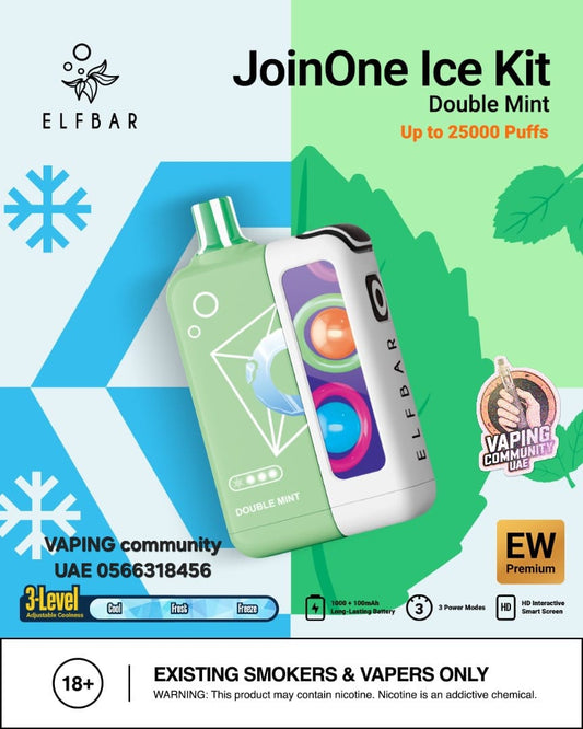 ELF BAR JoinOne Ice Kit packaging with green and white vape device on a blue and green geometric background.