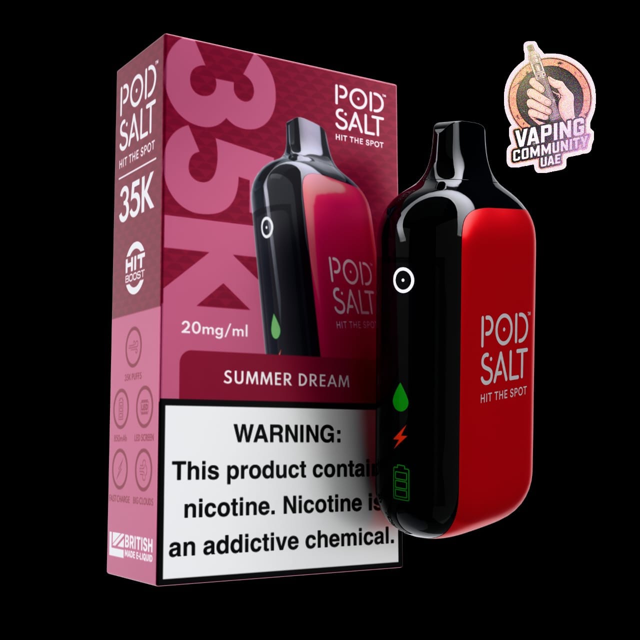Pod Salt vape device and packaging on a black background