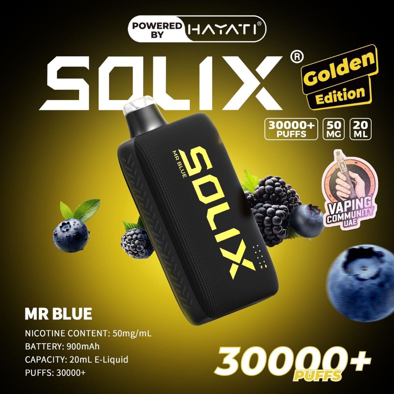 SOLIX vape device with blueberries and blackberries on a yellow background, featuring the brand 'Hayati'.