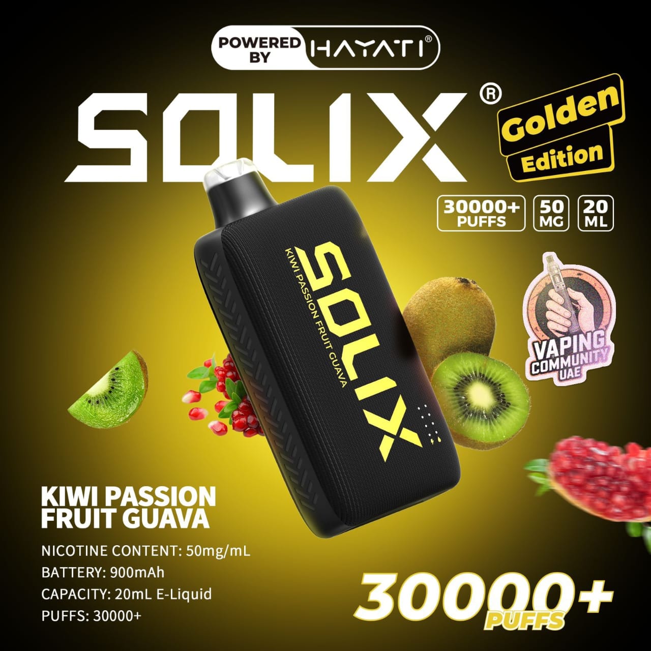 SOLIX vape device with fruit graphics and branding on a dark background