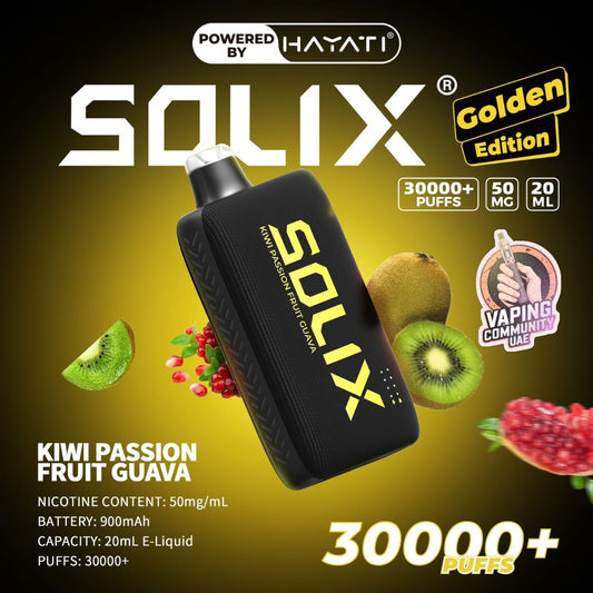 SOLIX vape device with fruit graphics and branding on a dark background