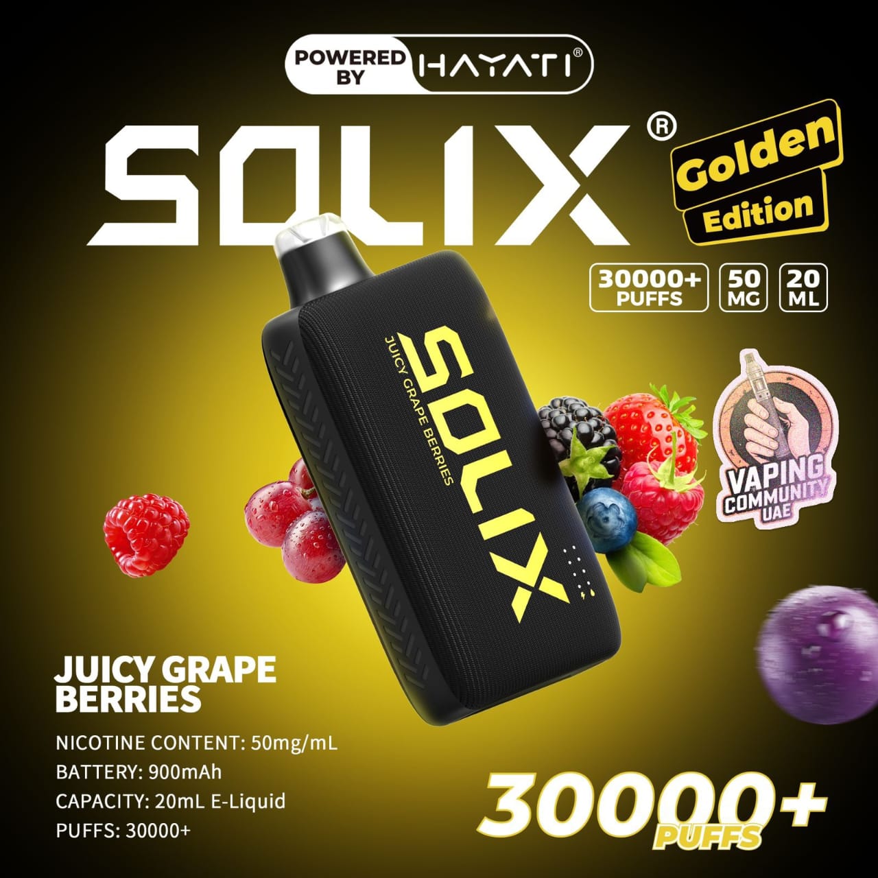 SOLIX vape device with branding and product details on a dark background