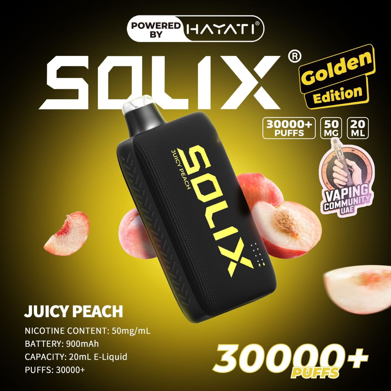SOLIX vape device with peaches on a dark background, featuring the brand 'Hayati'.