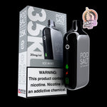 Pod Salt vape device and packaging with a warning label on a black background