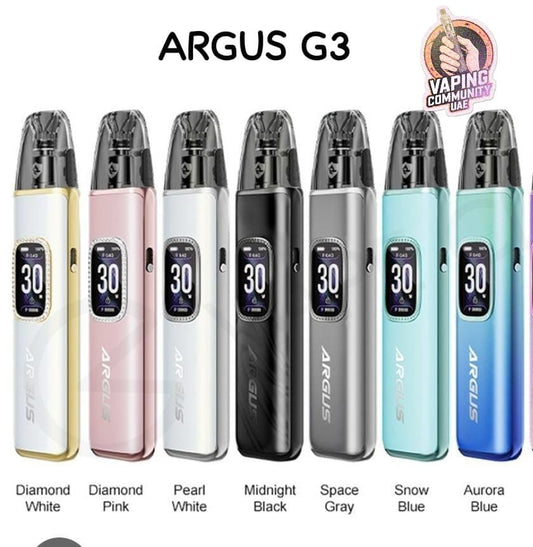 ARGUS G3 vaping device in various colors with 'Vaping Commander' logo.