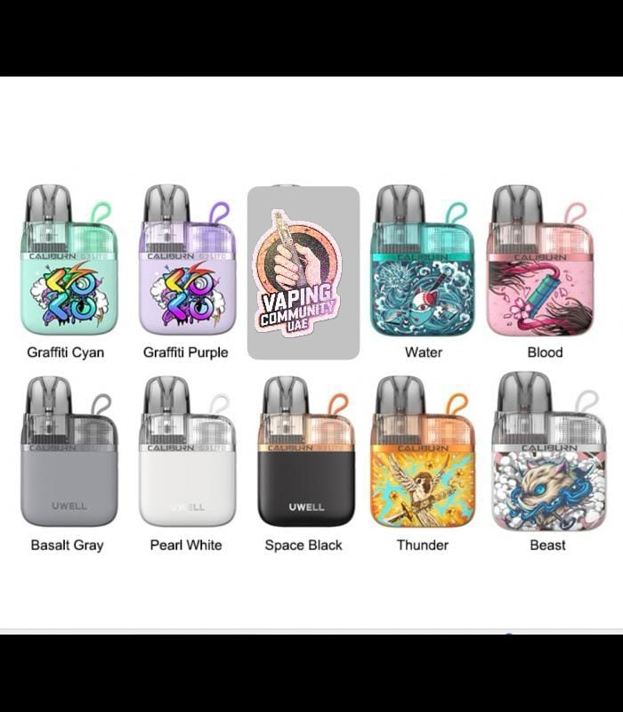Various colorful vaping devices with different designs and names on a white background
