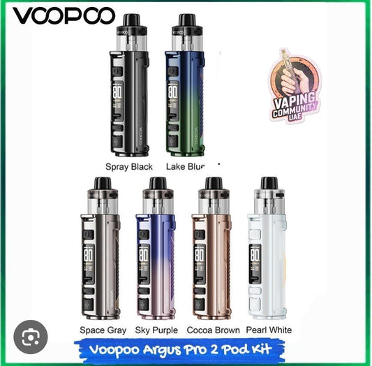 Voopoo Argus Pro 2 Pod Kit in various colors with Vaping Community UAE logo.