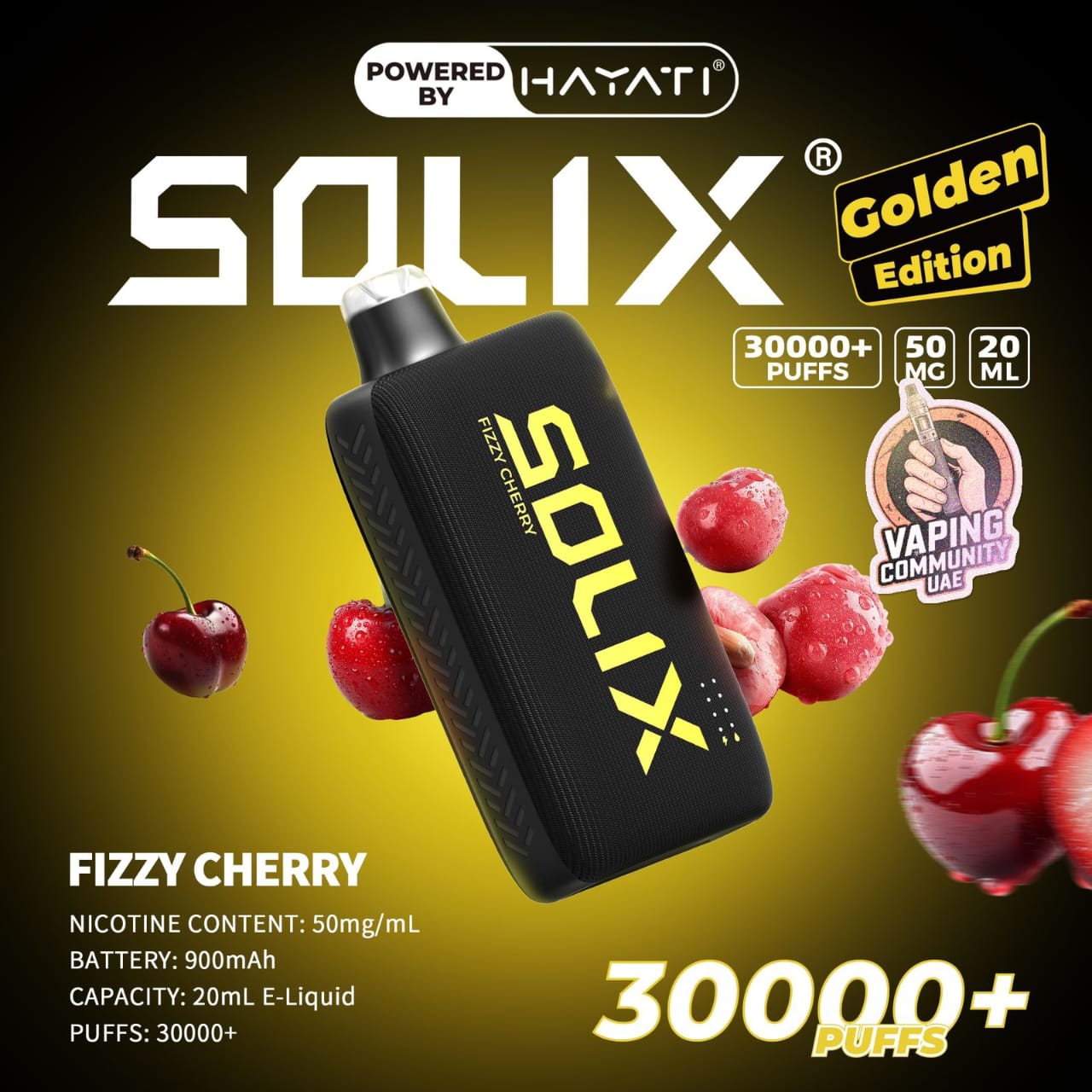 SOLIX vape device with cherry graphics and branding on a dark background