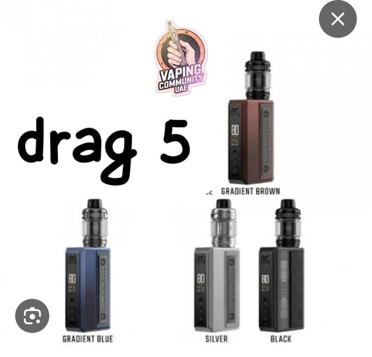 Vaping device with 'drag 5' text and color options on a white background