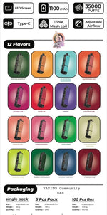 Product packaging with features and flavors displayed on a white background