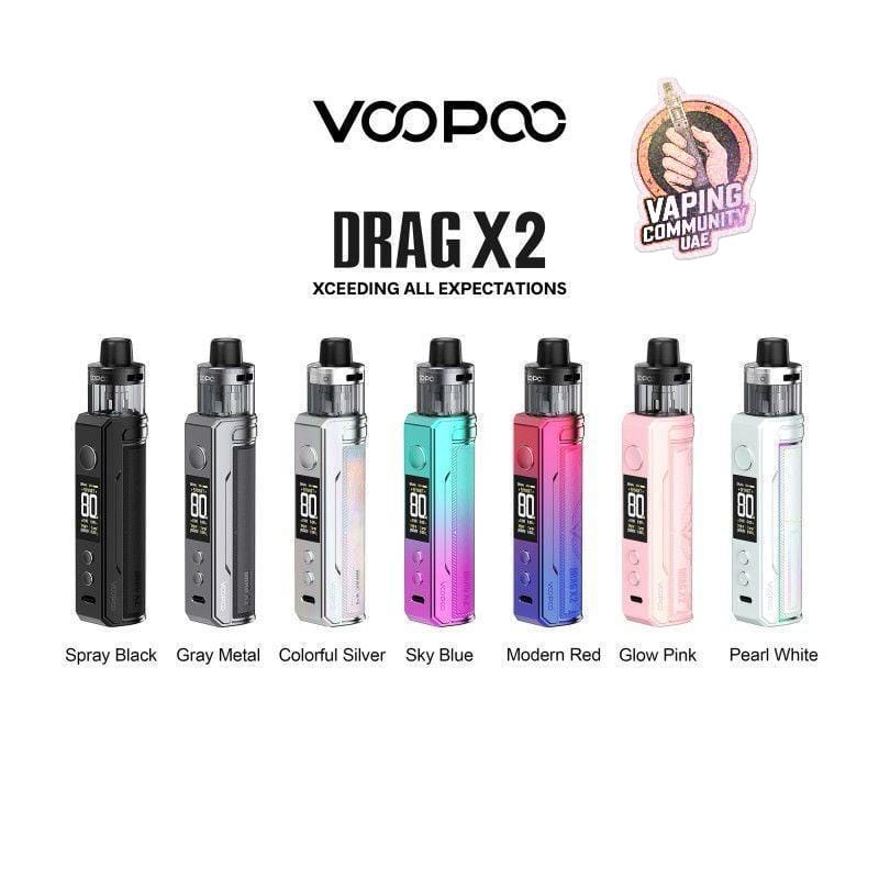 Voopoo Drag X2 vaping device in various colors with brand logo and community sticker.
