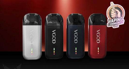 Four VGOD vaping devices in different colors on a red background with a 'Vaping Community UAE' logo.