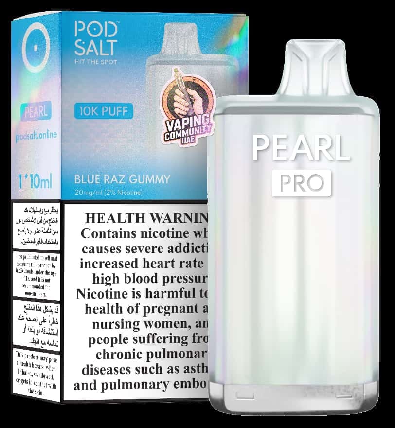 Vape device and packaging with 'Pearl Pro' branding and health warning label.