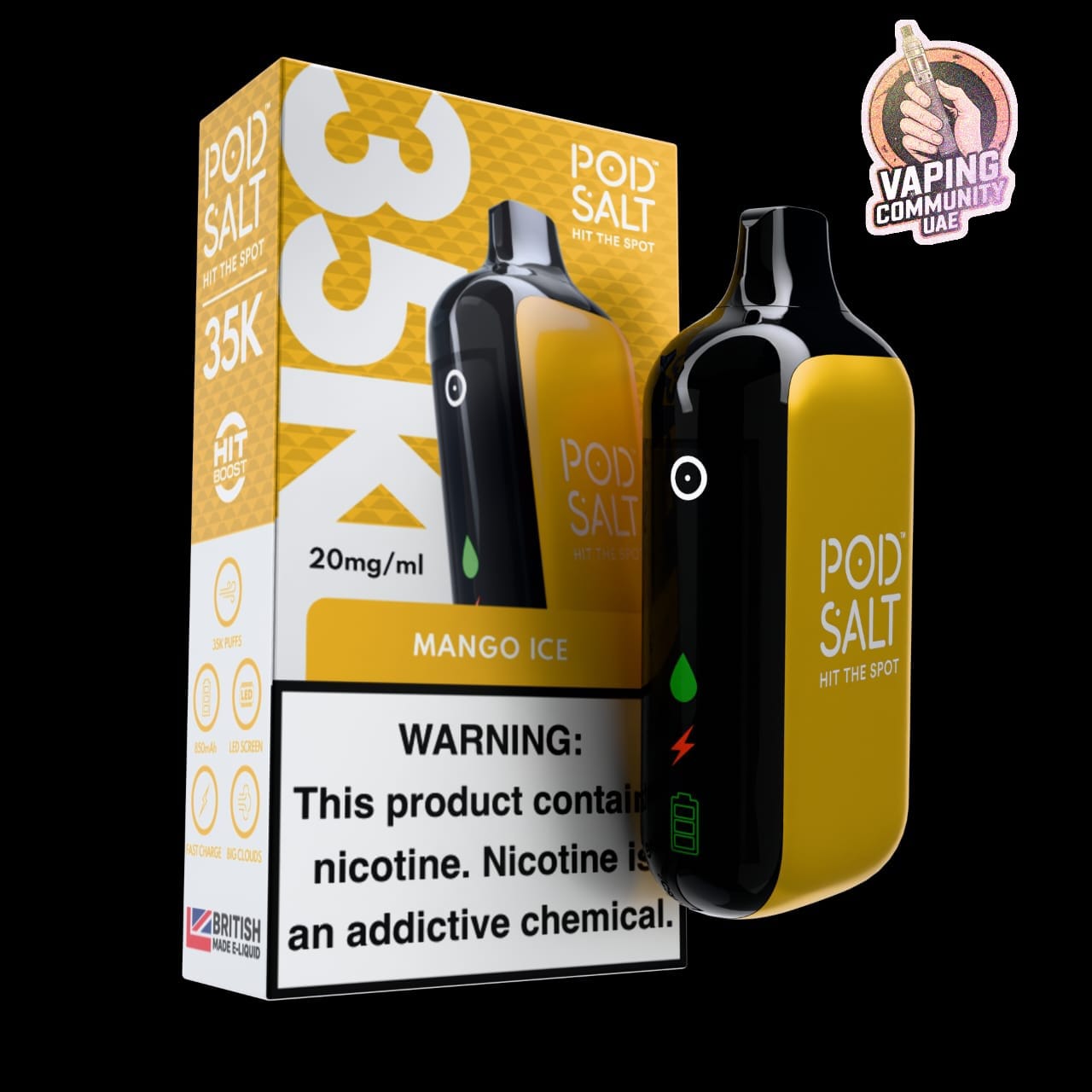 Vape device and packaging with 'Pod Salt' branding on a black background