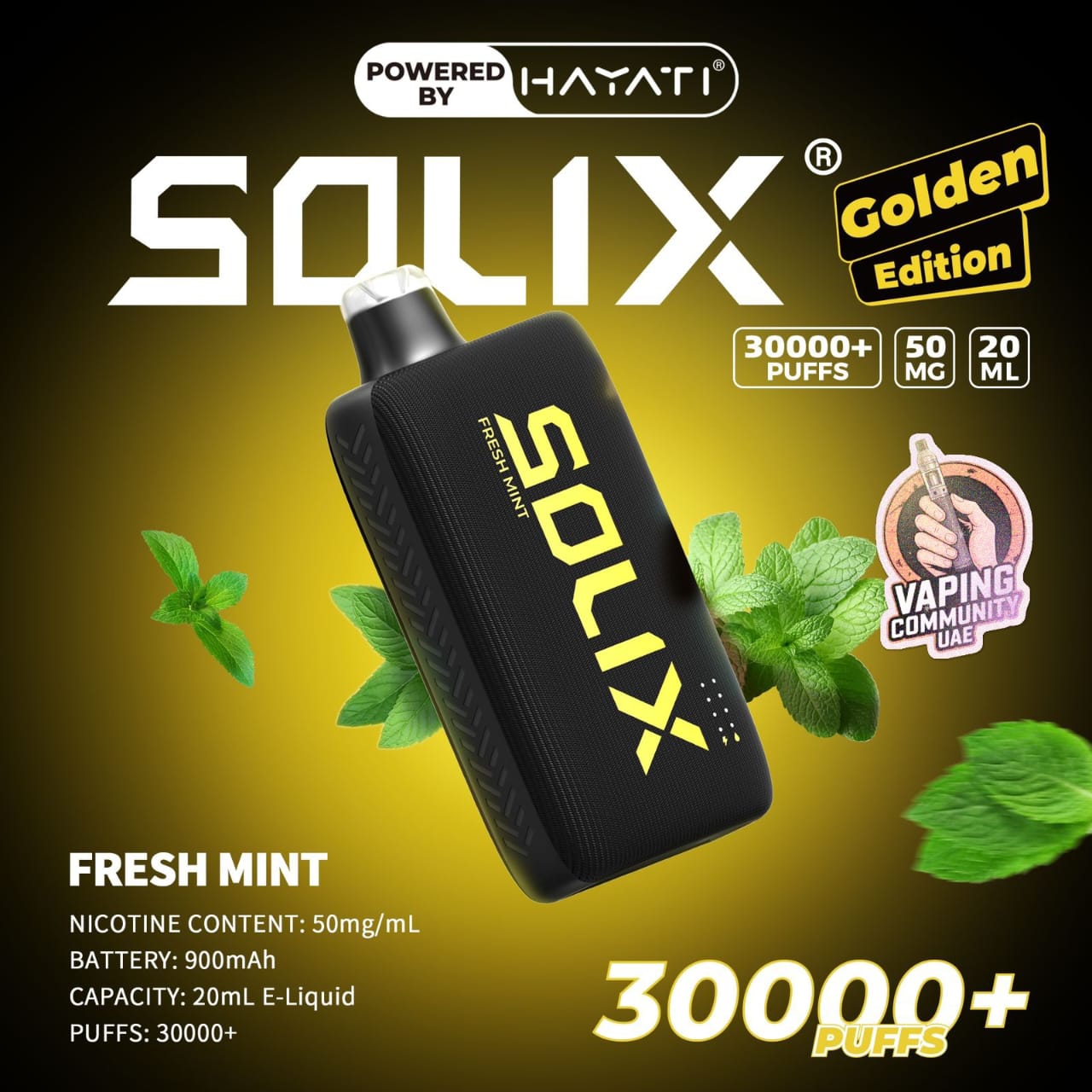 SOLIX vape device with mint leaves on a dark background, featuring the brand 'Hayati'.