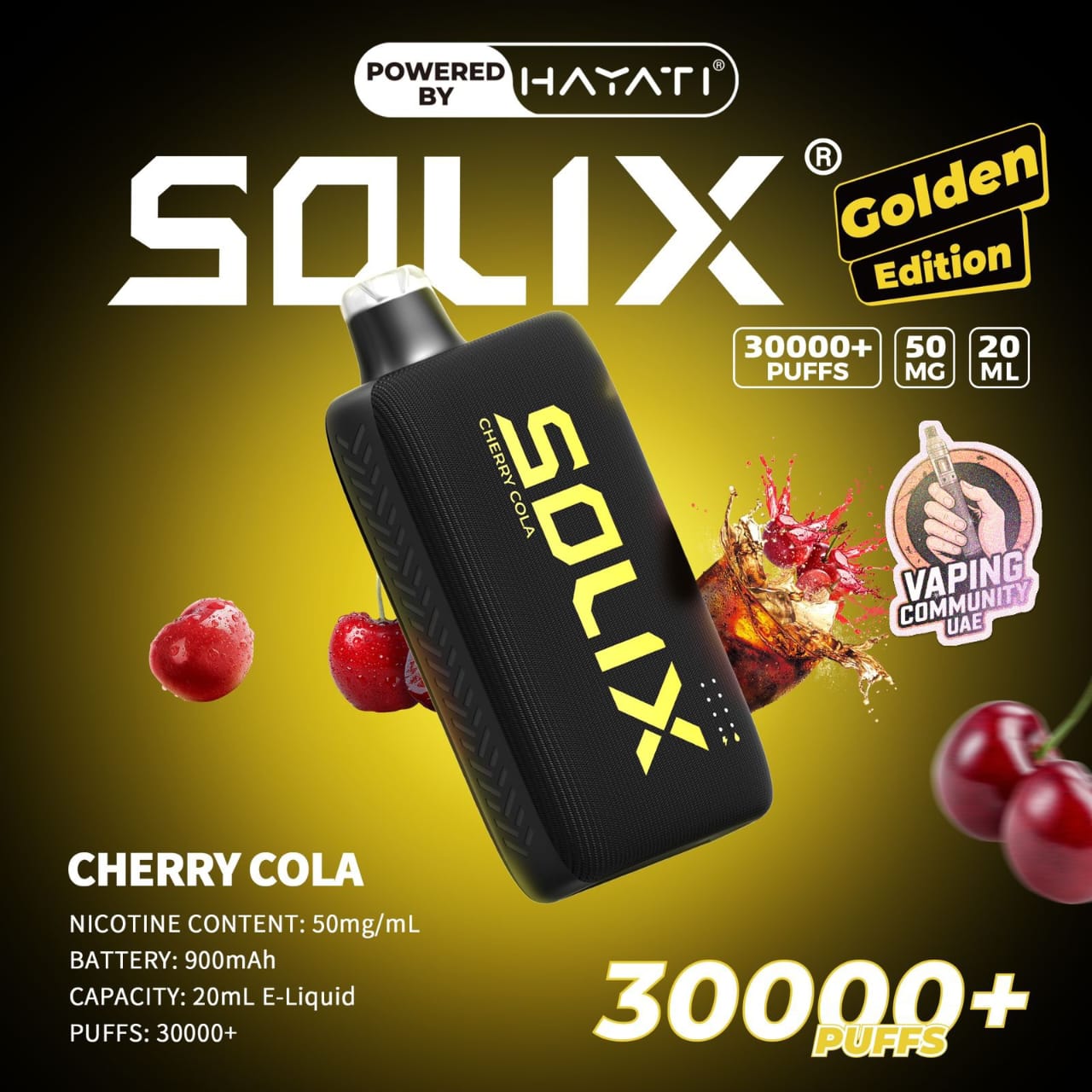 SOLIX vape device with cherry cola flavor on a dark background