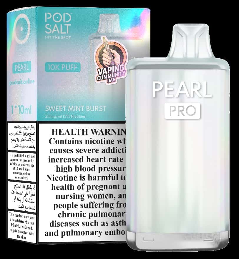 Pod Salt Pearl Pro vaping device with packaging and health warning label on a black background