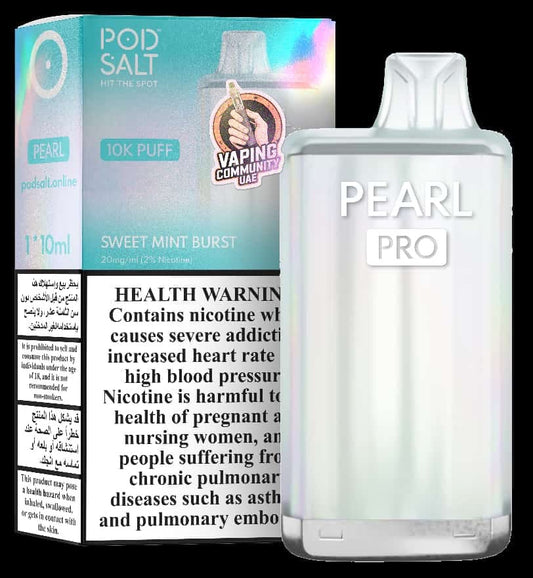 Pod Salt Pearl Pro vaping device with packaging and health warning label on a black background