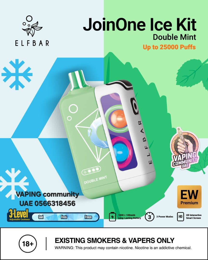 ELF BAR JoinOne Ice Kit packaging with green and white vape device on a blue and green geometric background.