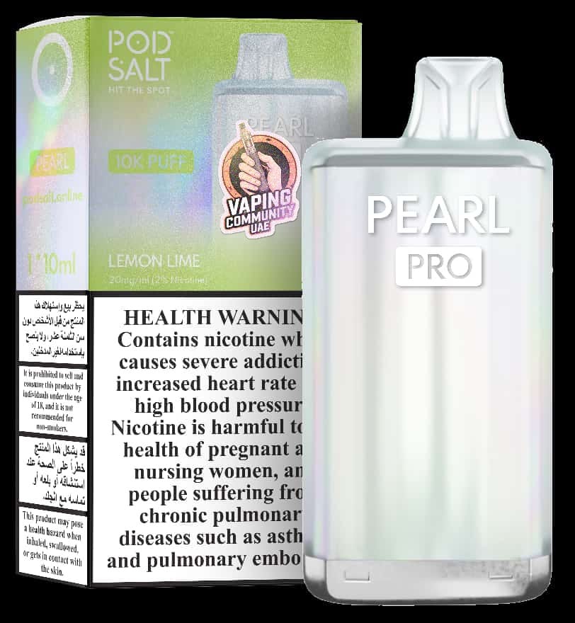 Pearl Pro vaping device with packaging and health warning label on a black background