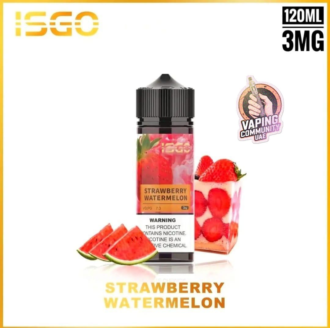 ISGO Strawberry Watermelon vape juice bottle with branding and product details on a white background