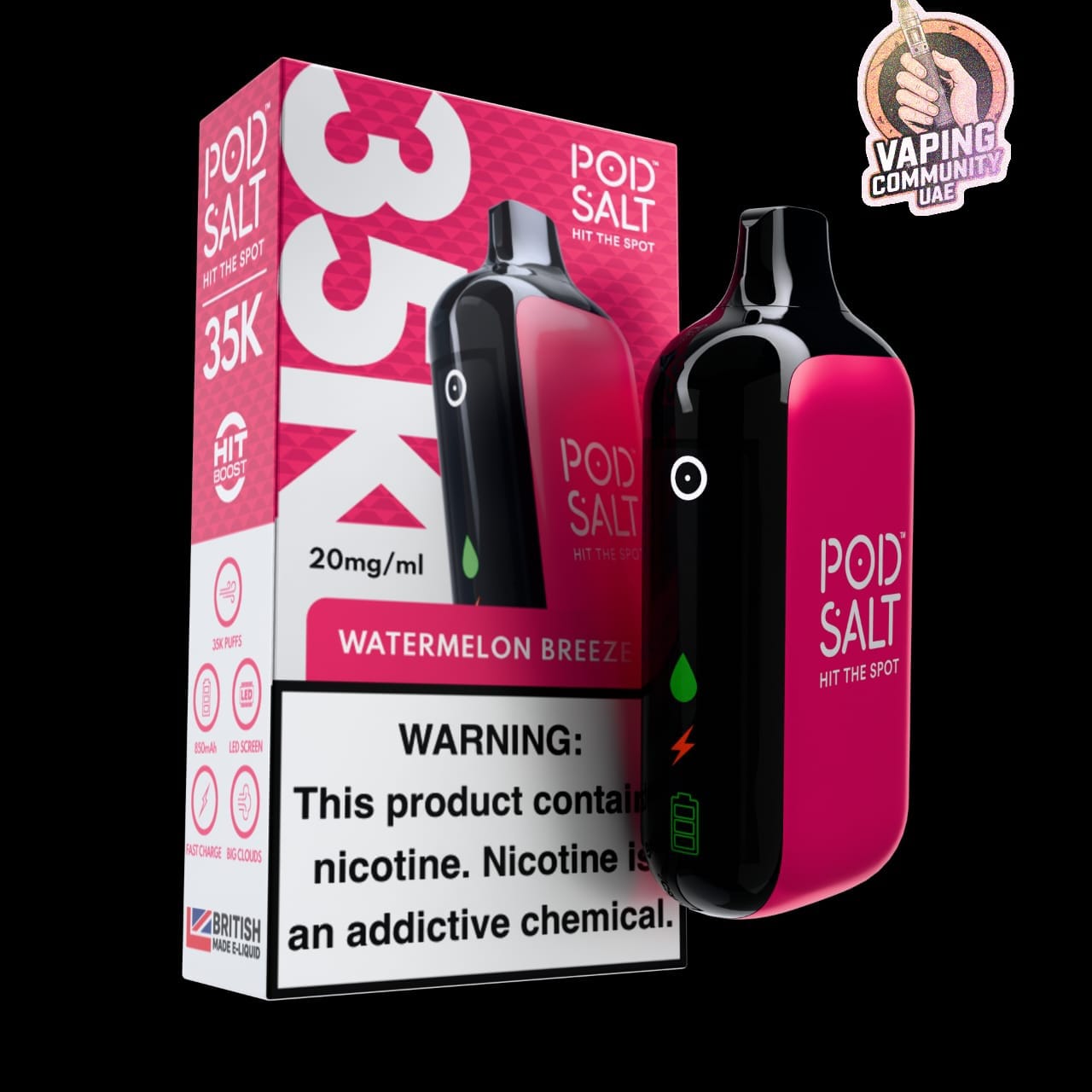 Vape device and packaging with 'POD SALT' branding on a black background