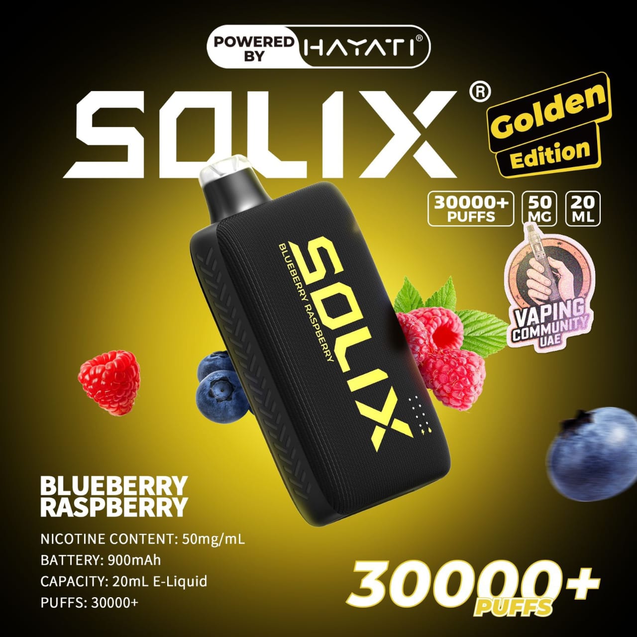 SOLIX vape device with blueberry and raspberry graphics on a dark background