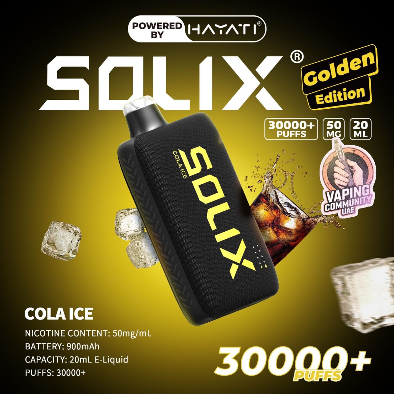 SOLIX vape device with cola ice flavor on a dark background
