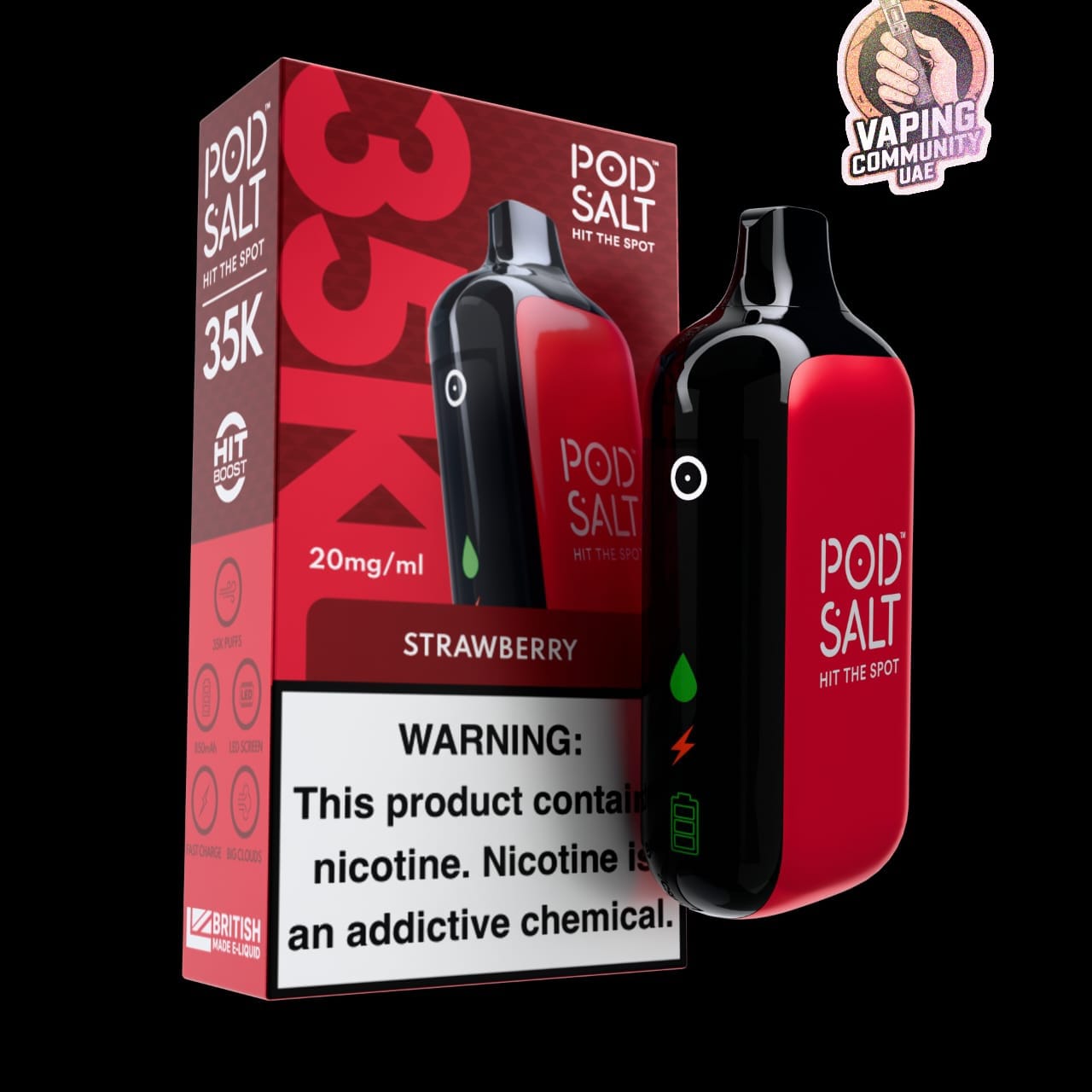 Red and black Pod Salt vape device with packaging on a black background