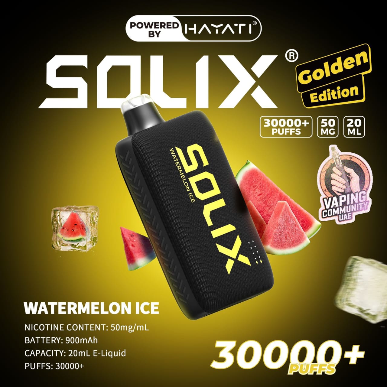 SOLIX vape device with watermelon ice flavor on a dark background