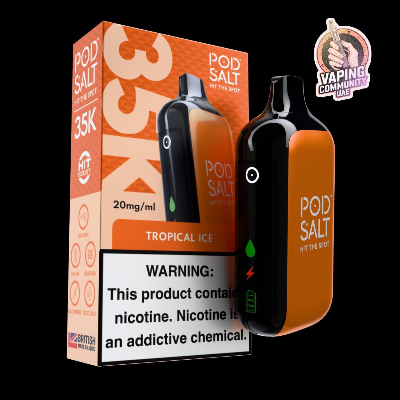 Pod Salt vape device and packaging with a warning label on a black background
