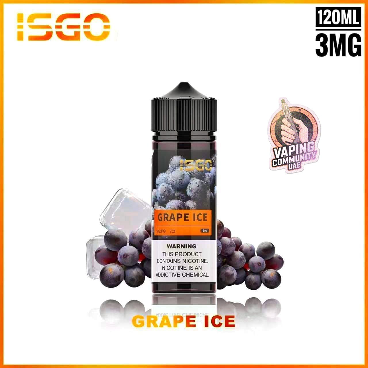 ISGO Grape Ice vape juice bottle with grapes and warning label on a white background