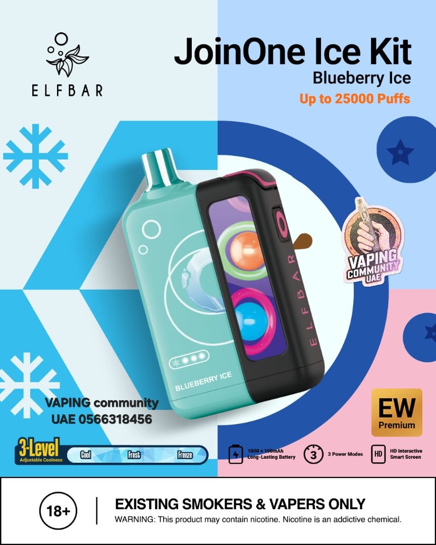 Elf Bar JoinOne Ice Kit packaging with blueberry ice flavor on a colorful background
