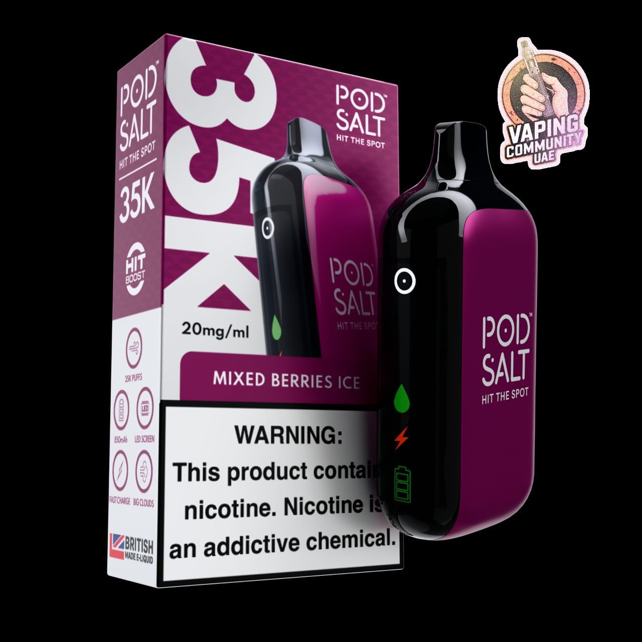 Vape device and packaging with 'Pod Salt' branding on a black background