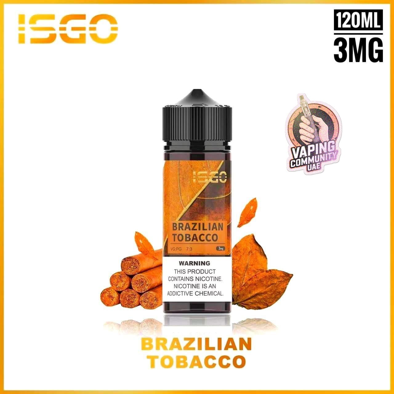 ISGO Brazilian Tobacco vape juice bottle with packaging elements on a white background