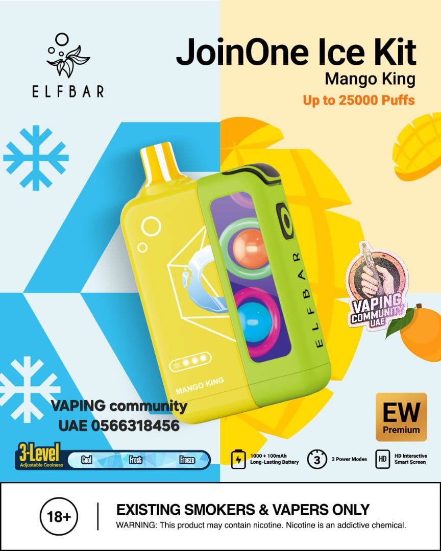 Advertisement for ELF BAR JoinOne Ice Kit Mango King with product images and branding elements.