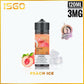 Peach Ice vape juice bottle with ISGO branding and product details on a white background