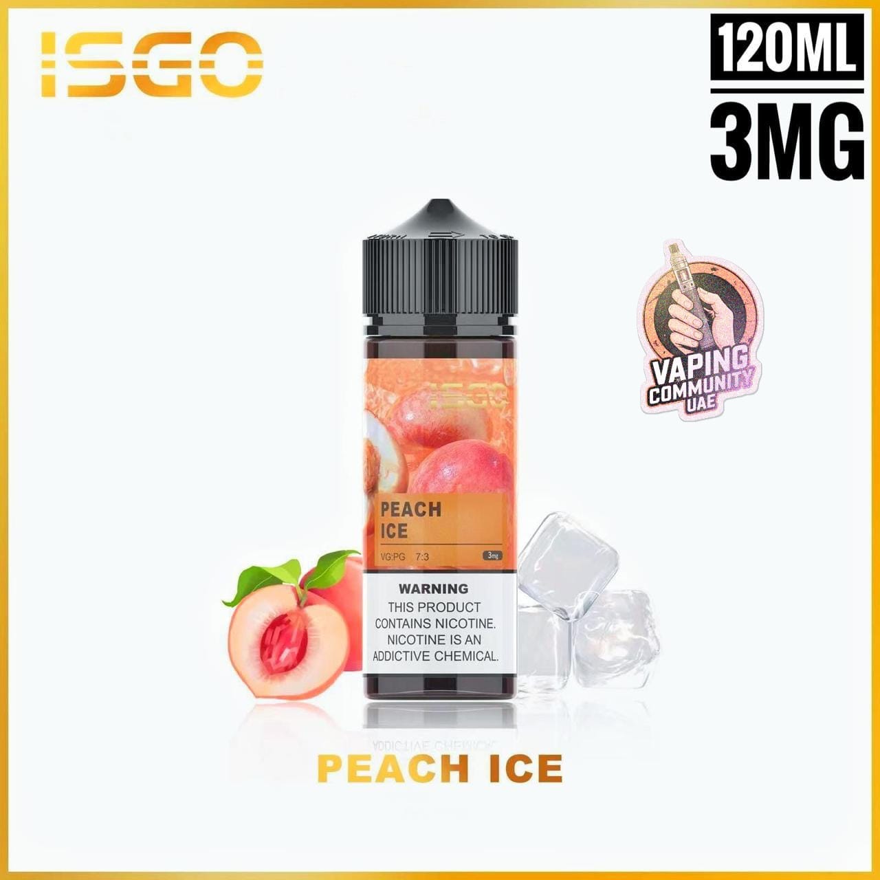 Peach Ice vape juice bottle with ISGO branding and product details on a white background