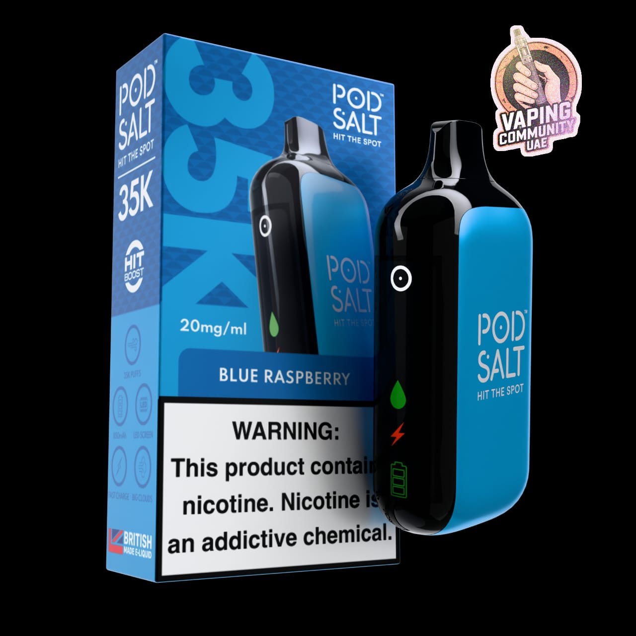 Pod Salt vape device and packaging with blue raspberry flavor on a black background