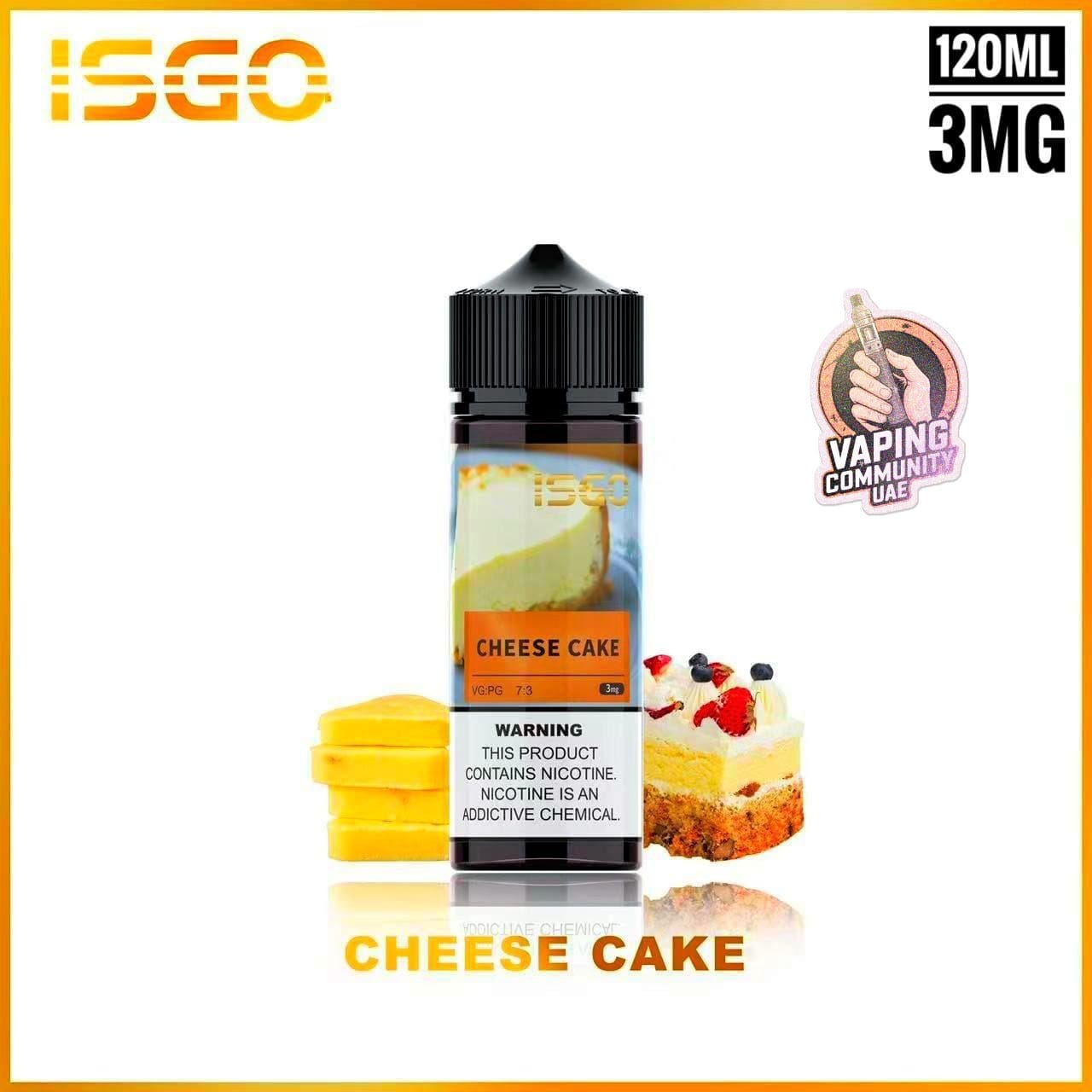 ISGO Cheese Cake vape juice bottle with cake images and branding on a white background