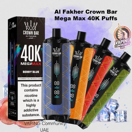 Al Fakher Crown Bar vape devices and packaging with 'Vaping Community UAE' branding.