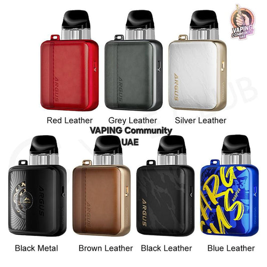 Collection of vaping devices in various colors with brand names displayed.