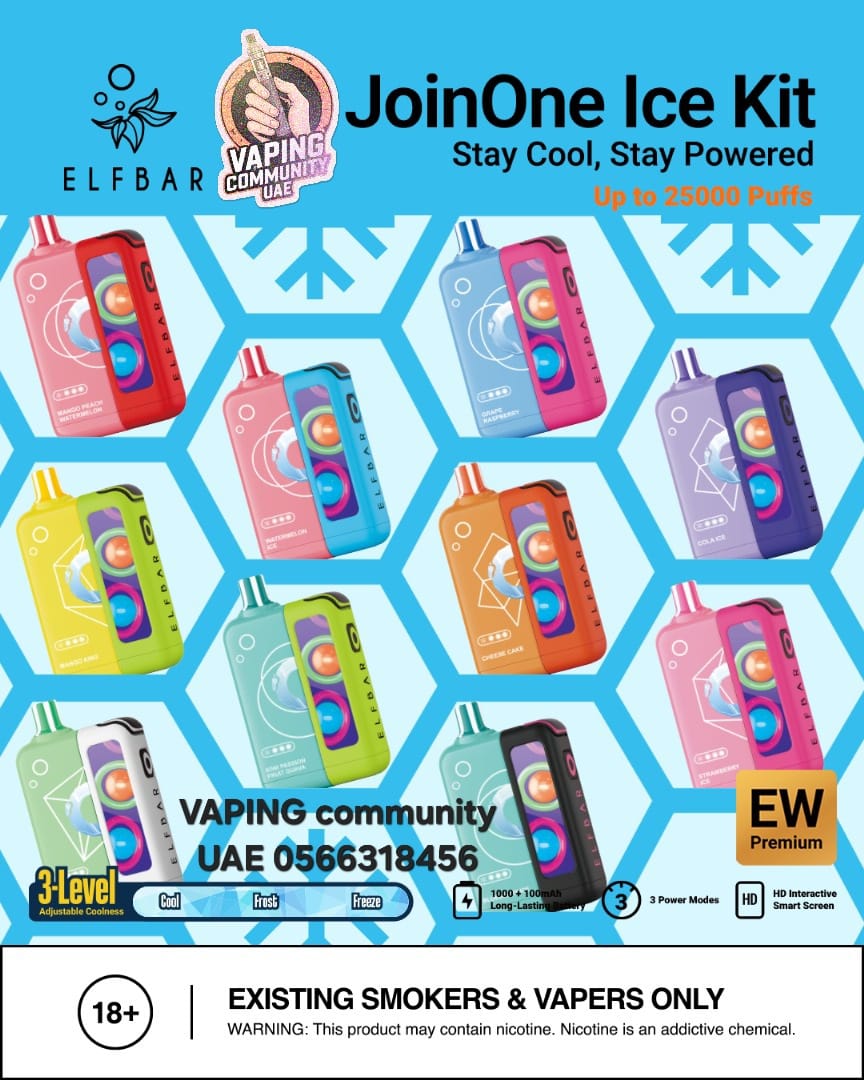 Advertisement for JoinOne Ice Kit with colorful vape devices on a blue honeycomb pattern background.