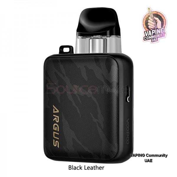 Black leather vape device with 'ARGUS' branding on a white background