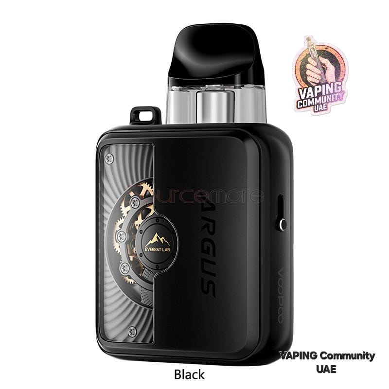 Black vape device with visible branding on a white background