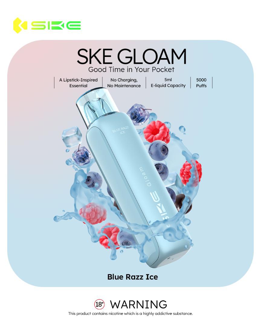 SKE Gloam vape device with blue and red fruit graphics on a light blue background