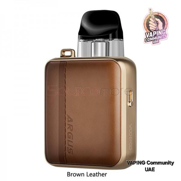 Brown leather vape device with visible branding on a white background
